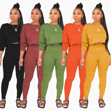 2020 Wholesale women's clothing casual long sleeve fashion solid sexy women crop top tracksuits fall outfits two piece pants set